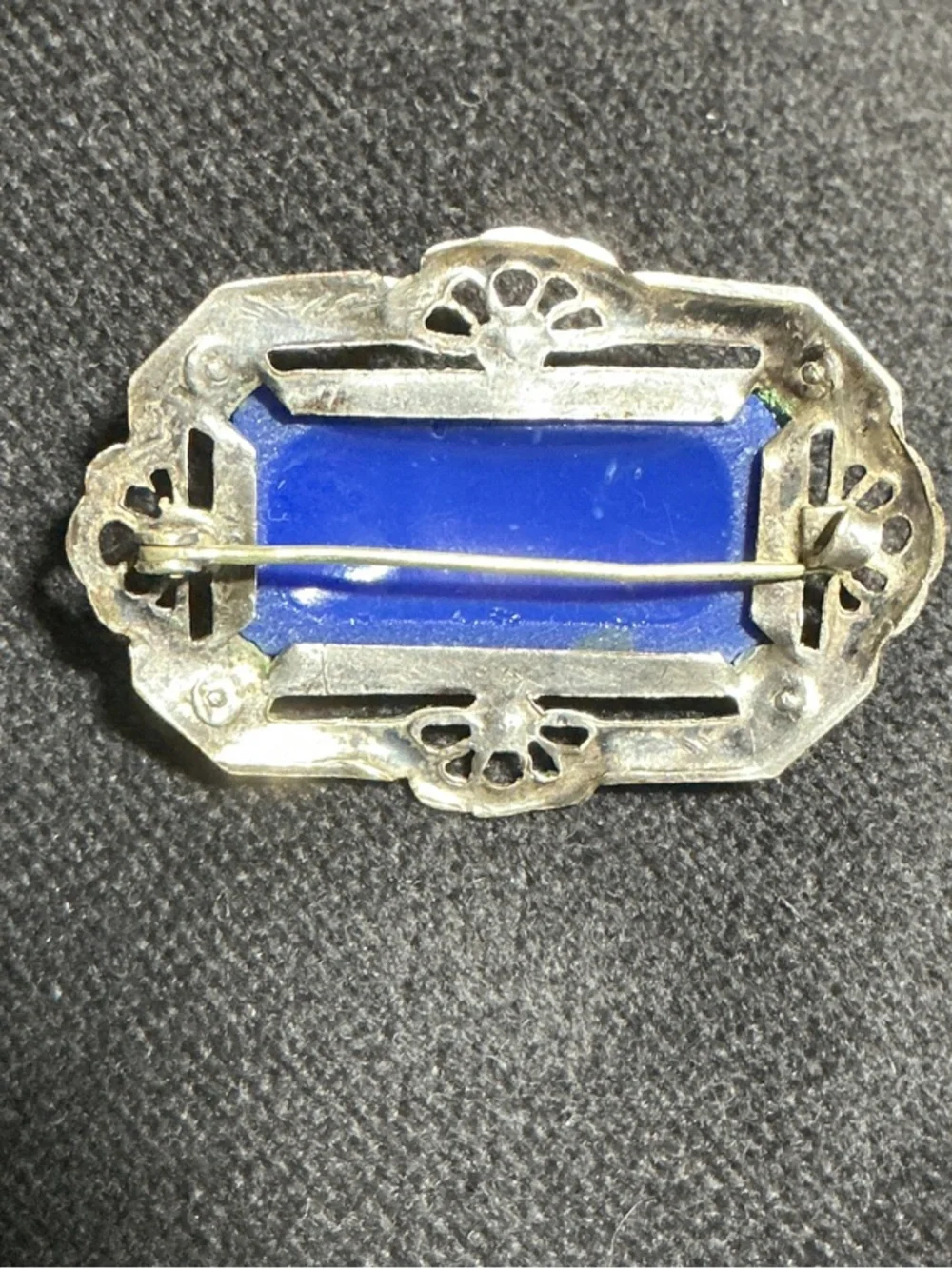 Vintage 1930s Art Deco Faux Lapis Lazuli Filigree Brooch Pin- Molded Blue Glass